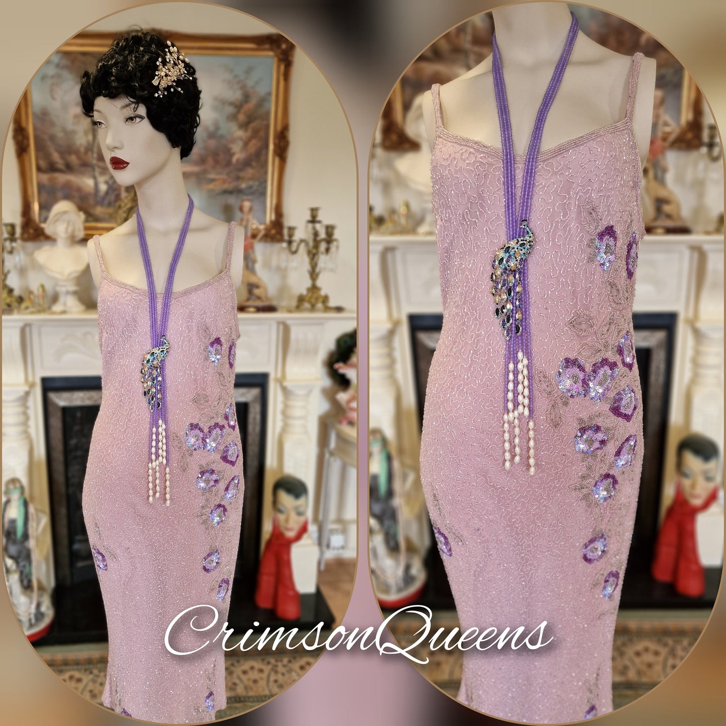 1920s dress Great Gatsby dress flapper gold purple pink dress tassel fringe beaded sequined dress Downton Abbey dress size UK 10 US 6