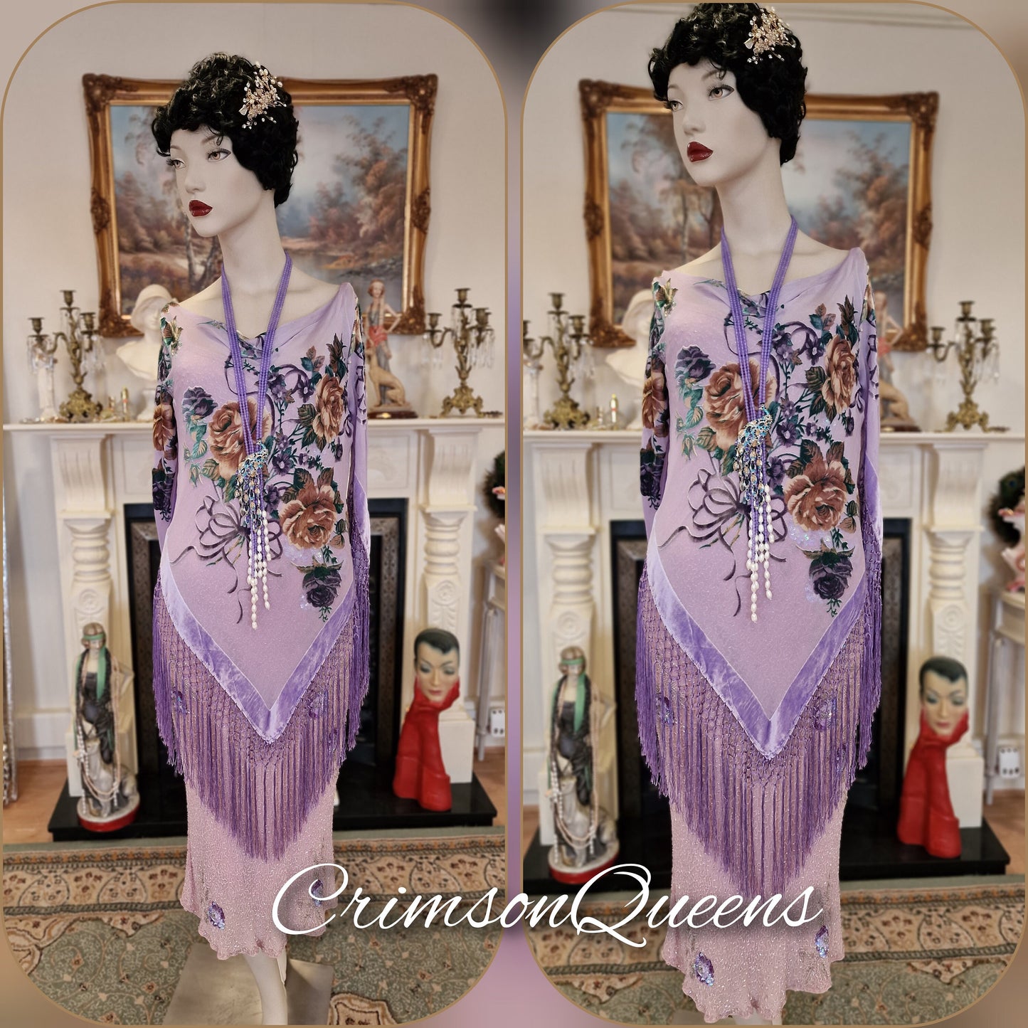 1920s dress Great Gatsby dress flapper gold purple pink dress tassel fringe beaded sequined dress Downton Abbey dress size UK 10 US 6