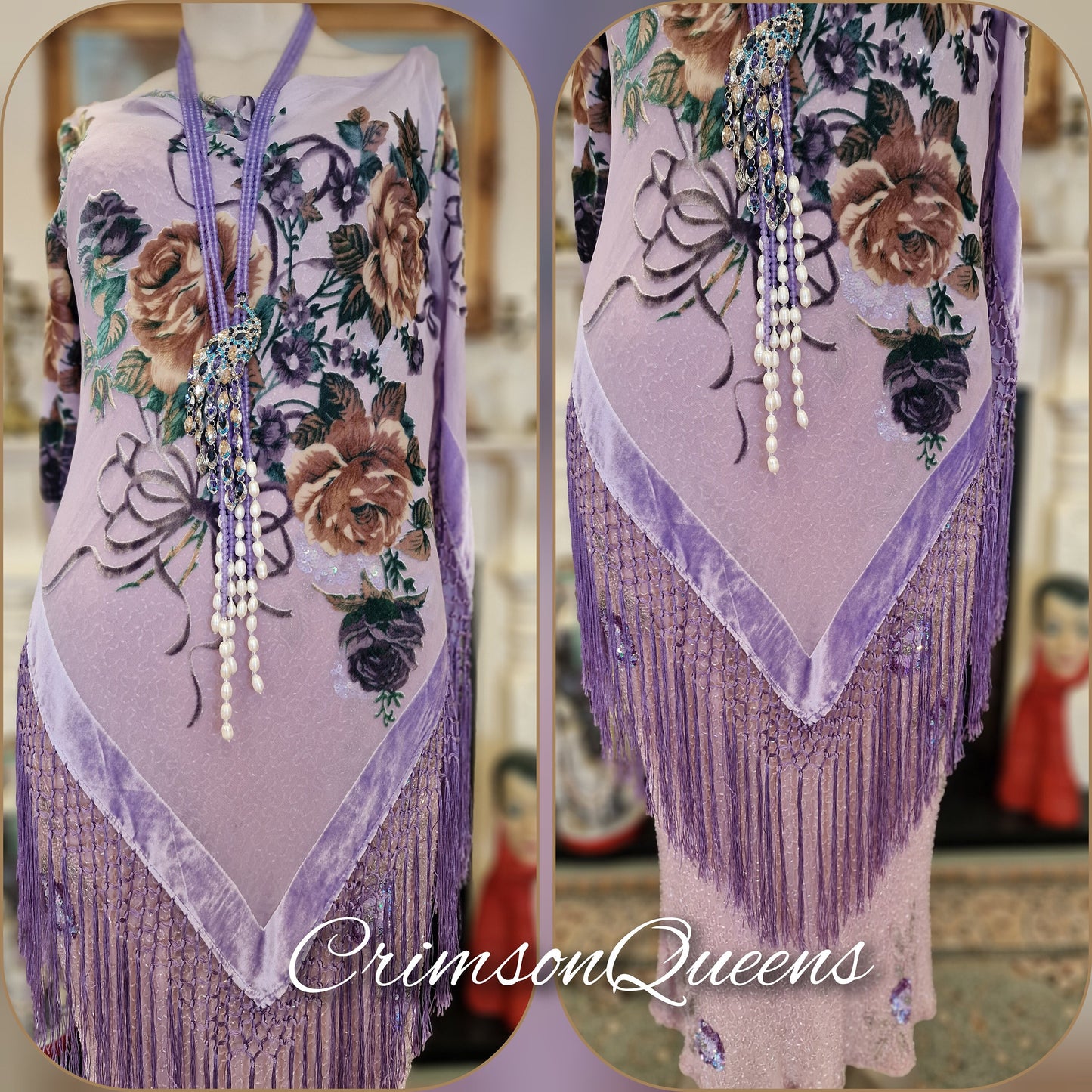 1920s dress Great Gatsby dress flapper gold purple pink dress tassel fringe beaded sequined dress Downton Abbey dress size UK 10 US 6