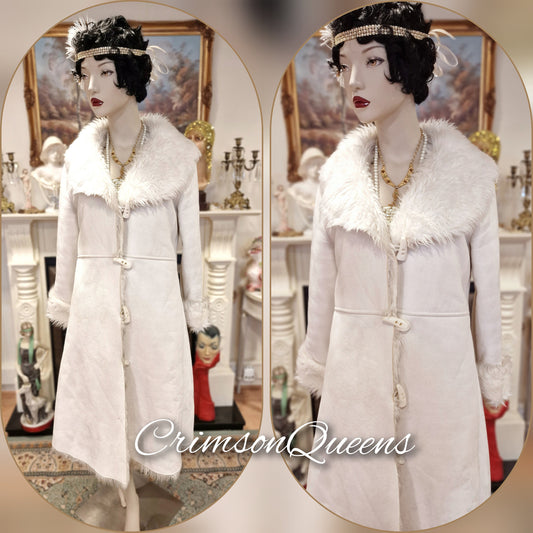 Vintage luxurious off white thick faux fur bohemian hippie gypsy long faux suede and simulated fur soft and cozy winter coat UK 10 12 US 6