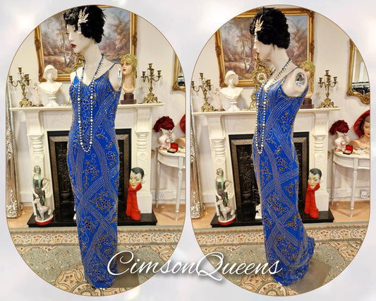 Vintage Great Gatsby 1920s Downton Abbey electric blue all silk sequined embellished beaded Flapper Maxi evening dress size Uk 14 US 10