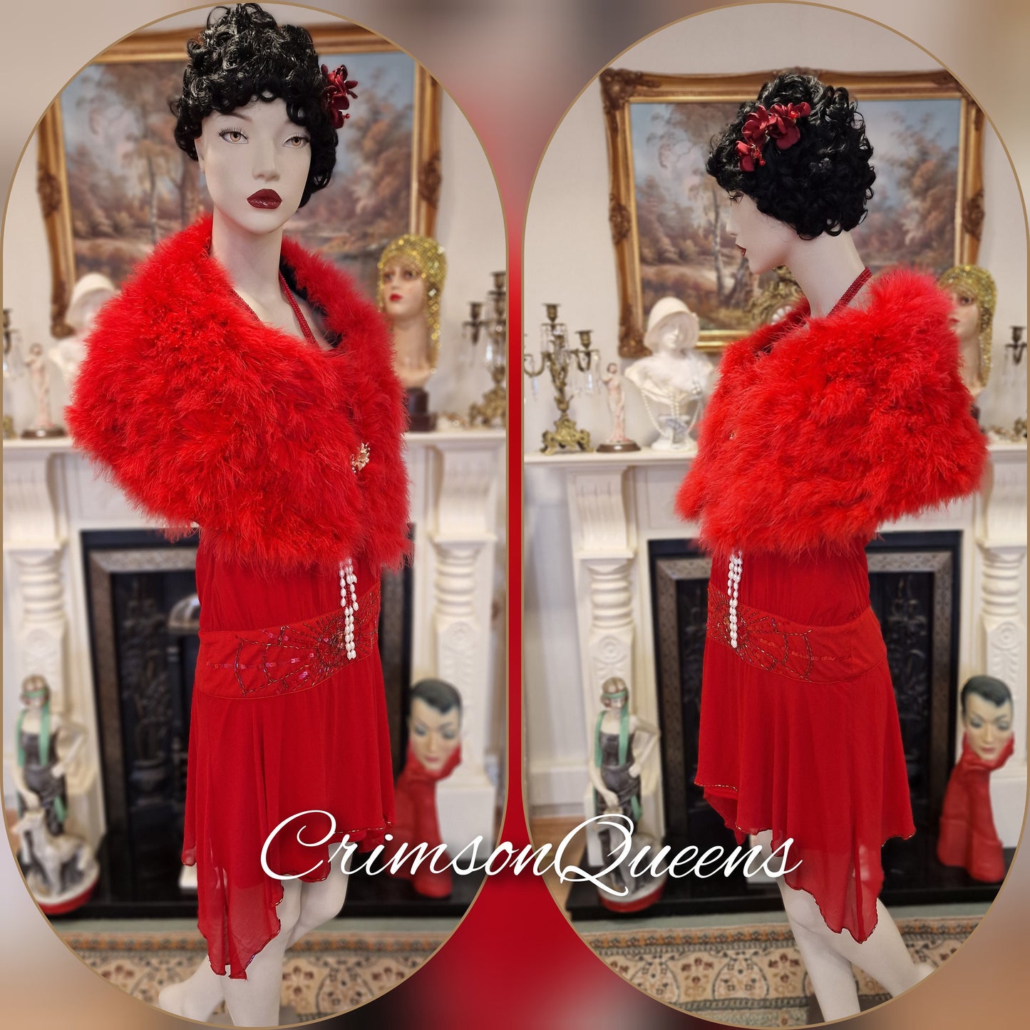 vintage flapper 1920s Downton Abbey vintage scarlet red cocktail evening marabou fur evening outwear