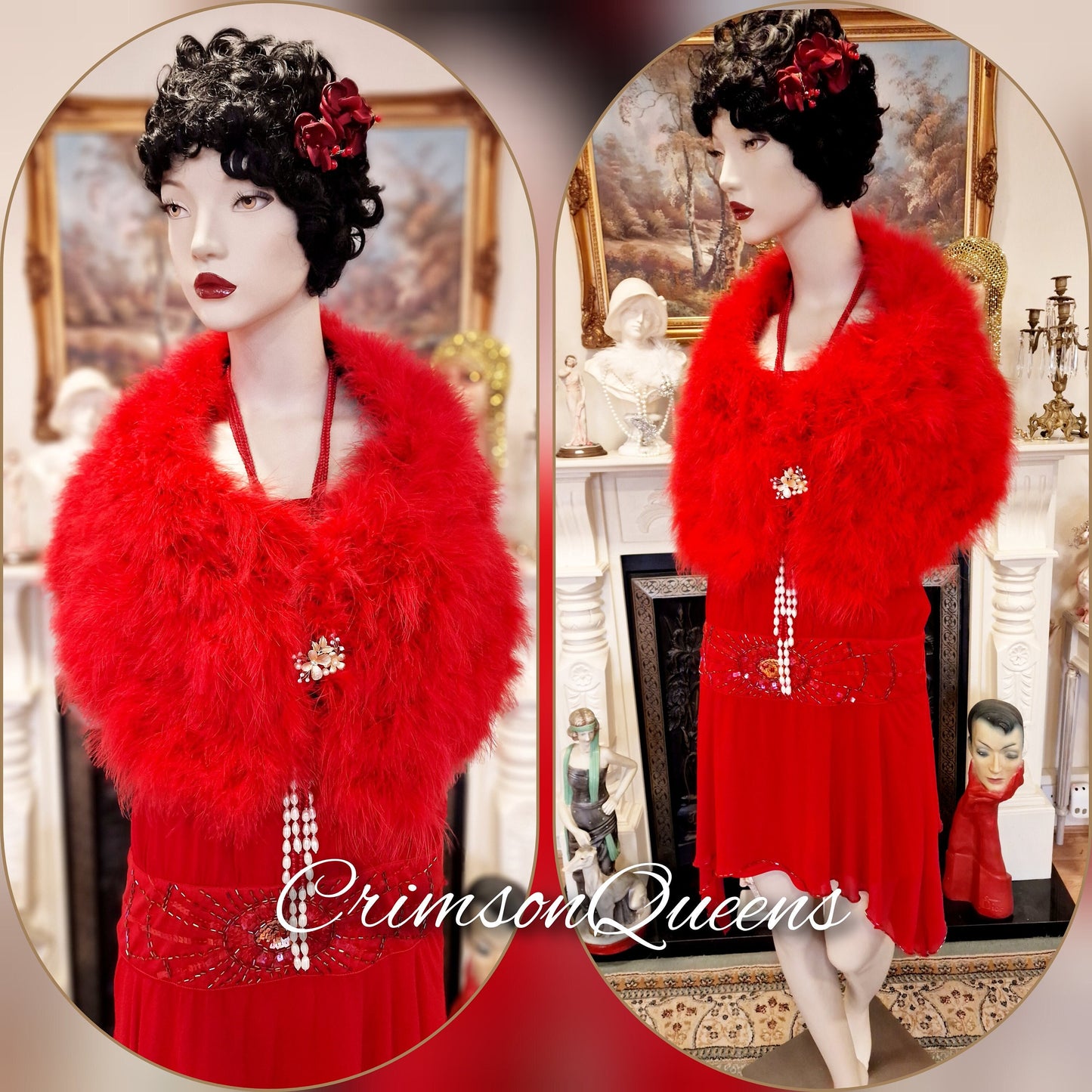 vintage flapper 1920s Downton Abbey vintage scarlet red cocktail evening marabou fur evening outwear
