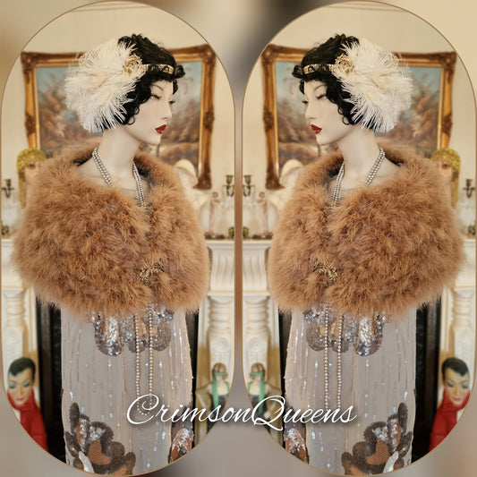 vintage flapper 1920s Downton Abbey vintage gold light brown dark blone caramel cocktail evening marabou fur evening outwear