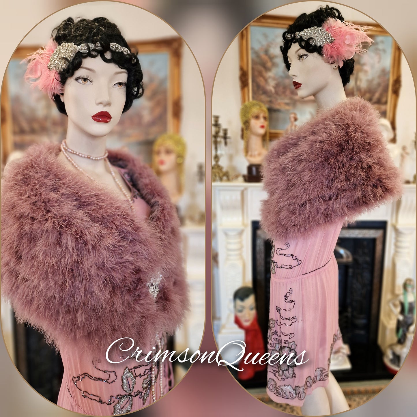 vintage flapper 1920s Downton Abbey vintage dusty pink cocktail evening marabou fur evening outwear cape wrap shawl