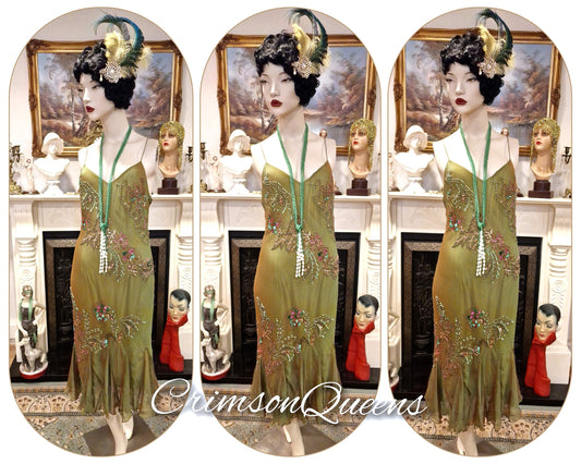 Vintage 1920s 1930s Art Deco all silk sequined heavily beaded delicate mint green beaded embroidered dress size UK 10 US 6