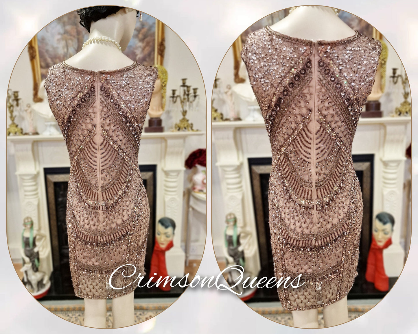 Vintage Great Gatsby pale pink beaded  embellished shell flapper style dress 1920s beaded embellished dress UK 8 US 4
