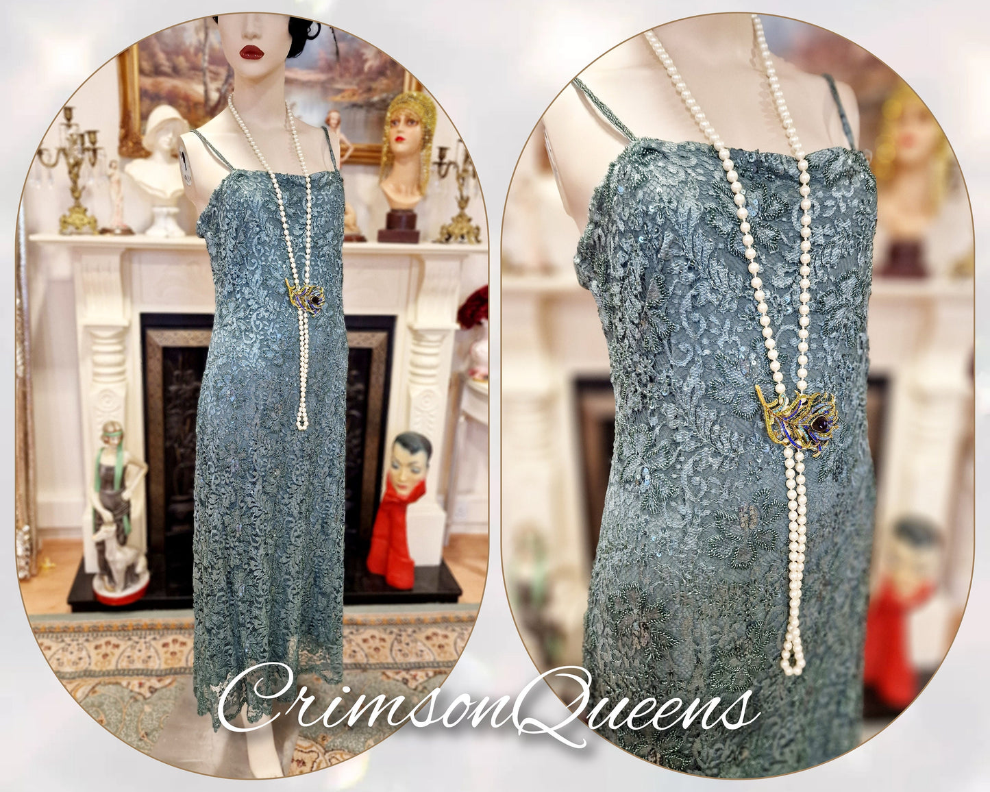 1920s laced Downton Abbey flapper 1920s embellished lace aqua mint green beaded sequinned dress size UK 14 US 10