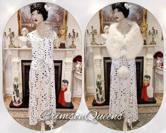 1930s  Vintage Downton Abbey dress Avant Garde 100% silk Devore bias cut  polka-dot spotty black and white monochrome dress size UK 12  US 8