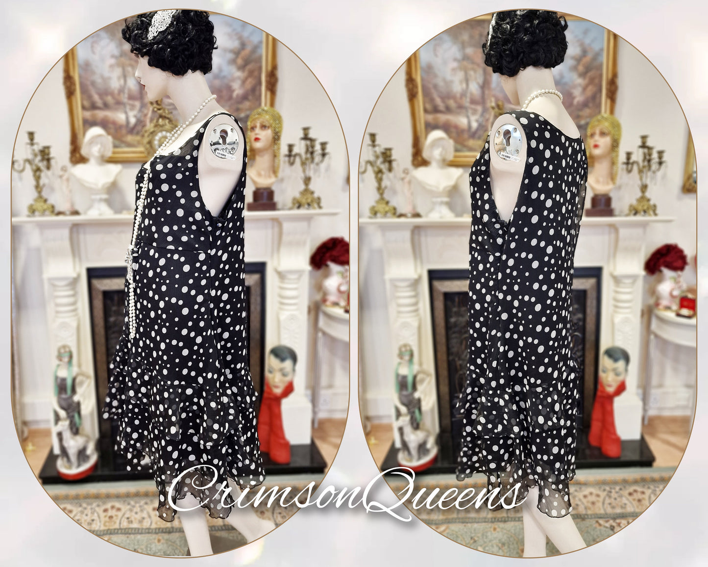 Vintage silk chiffon polka-dot spotted black and white 1920s garden cocktail every day casual frilled dress UK 16/18 US 12/14