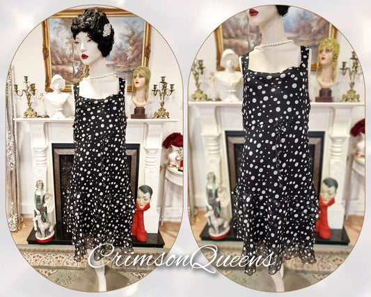 Vintage silk chiffon polka-dot spotted black and white 1920s garden cocktail every day casual frilled dress UK 16/18 US 12/14