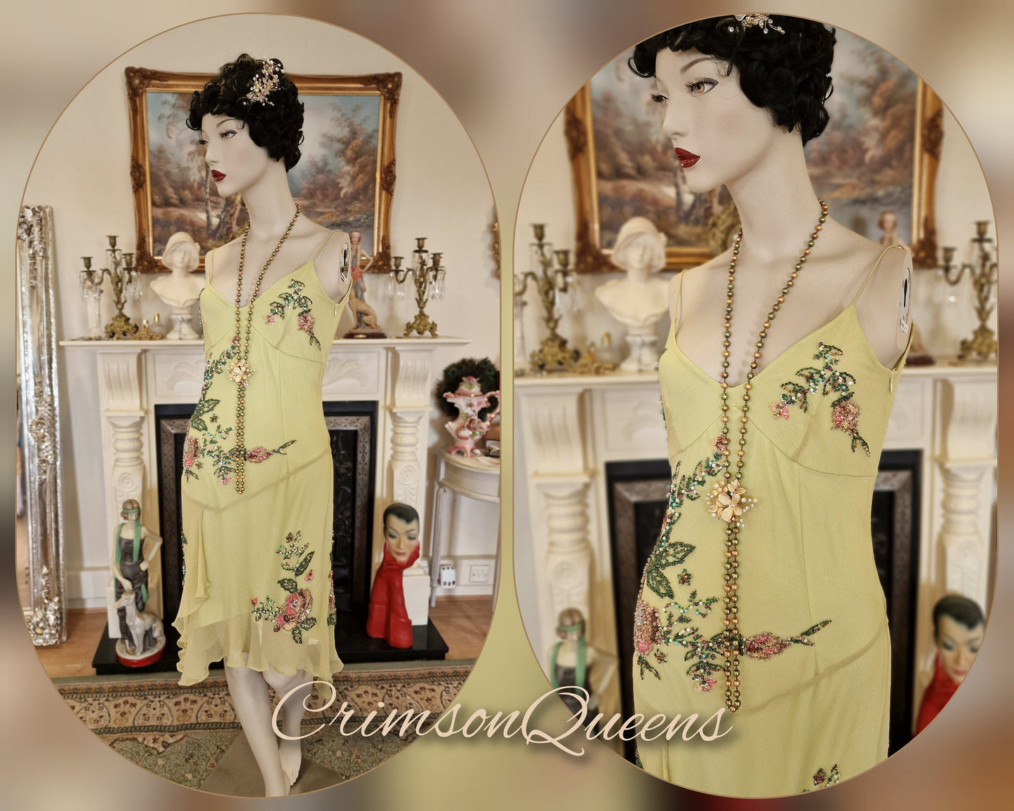 Great Gatsby Flapper dress 1930s dress 1920s dress Silk Vintage Embroidered Floral Gown Downton Abbey cocktail Garden dress Size UK 12 US 6