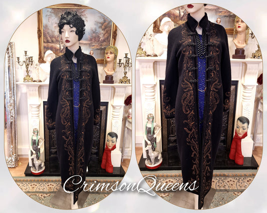 Original Laura Ashley vintage oriental velvet embroidered Asian long coat size UK 8 US 6