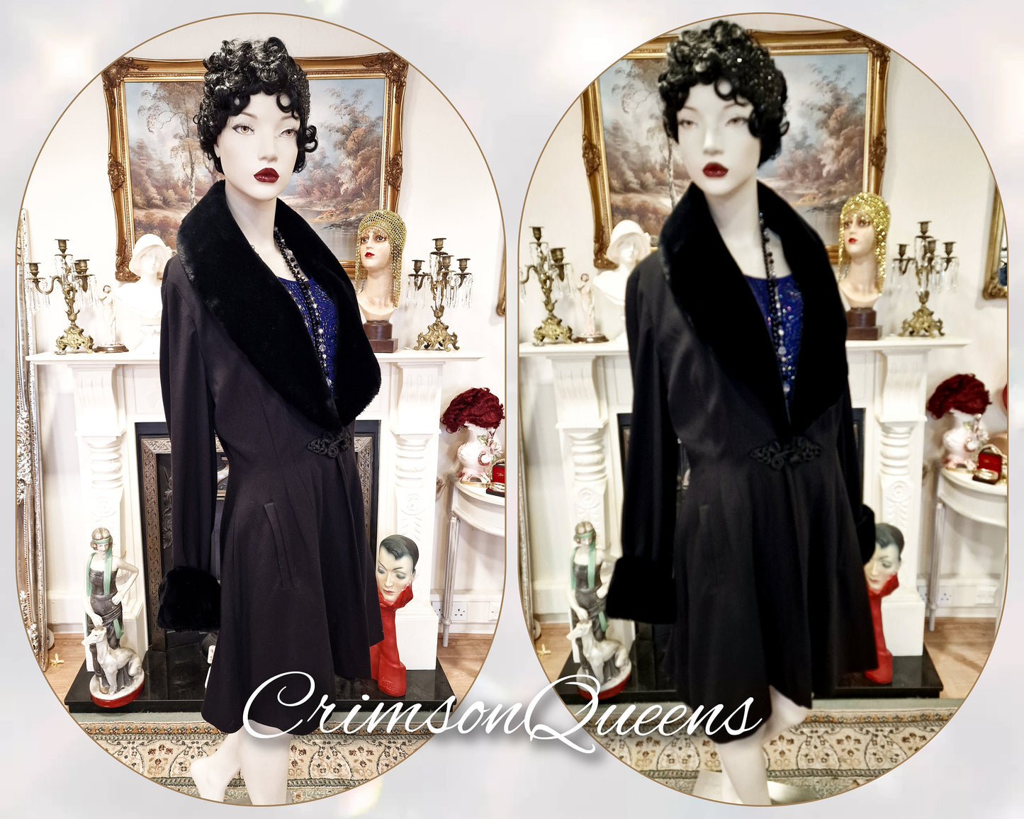 Vintage original Art Deco 1920's exquisite midi black fur opera fit and flare riding coat size UK 14 US 10