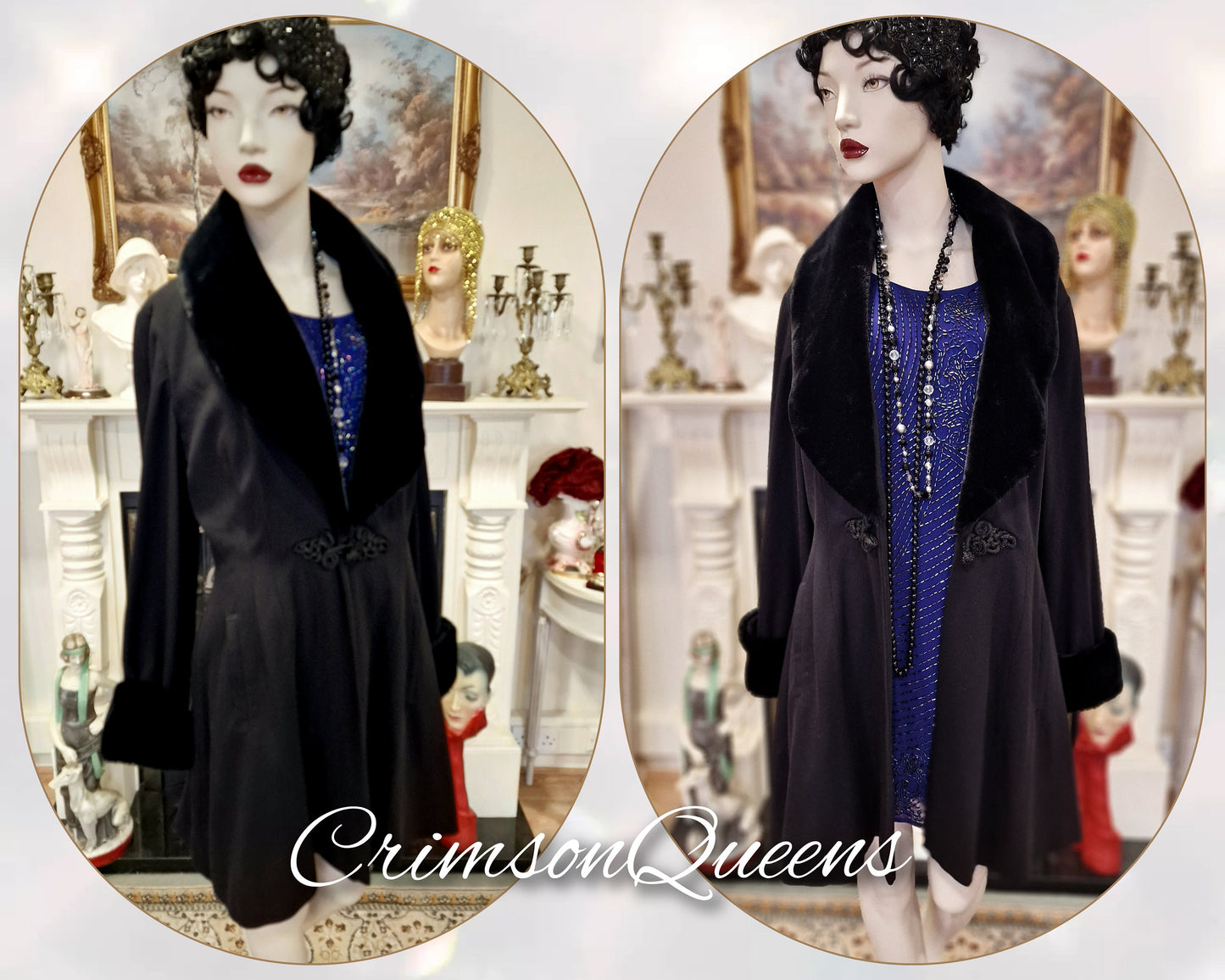 Vintage original Art Deco 1920's exquisite midi black fur opera fit and flare riding coat size UK 14 US 10