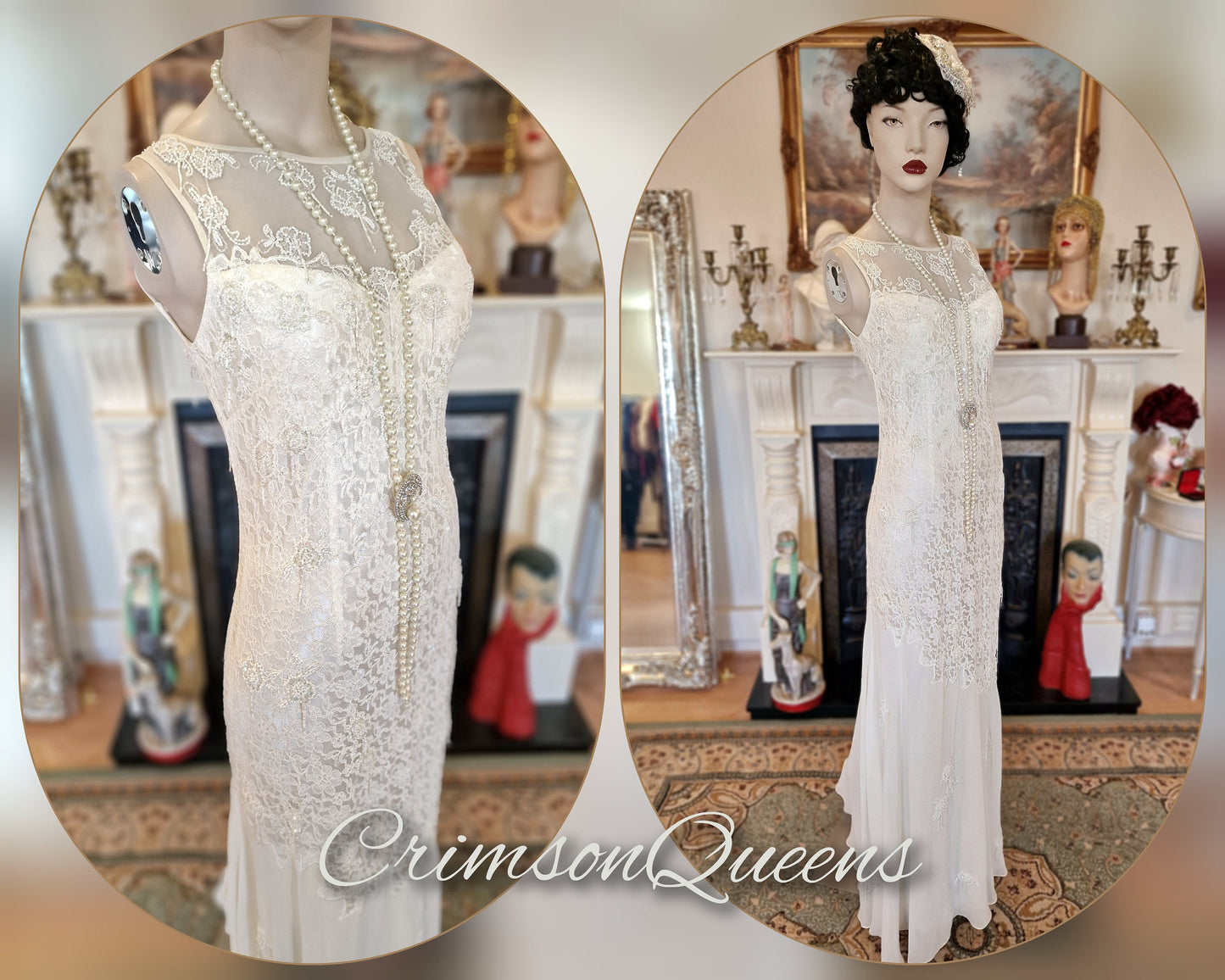 Art Deco vintage 1920s Downton Abbey bride off-white wedding bridal dress beaded flapper 100% silk Great Gatsby size UK 8 10 US 4 6