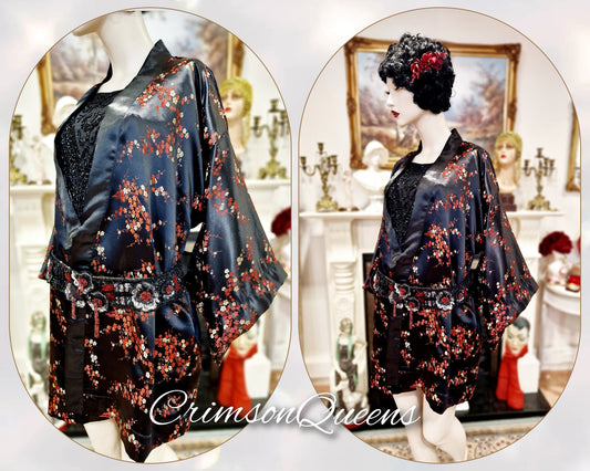 Vintage satin silk Japanese kimono 1920s Art Deco embroidered oriental Asian soft black duster coat with embellished belt UK 10 12 US 6 8