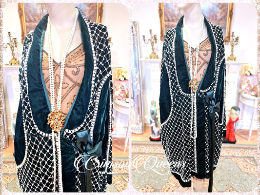 Art Deco 1920s vintage bottle green beaded pearl embellishments Downton Abbey Great Gatsy long jacket coat duster occasion size UK 14 US 10