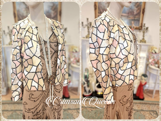 Totally sequined beige pastel short jacket 1980s 1990s disco vintage mosaic kaleidoscope stain glass style jacket size UK 10 UK 6