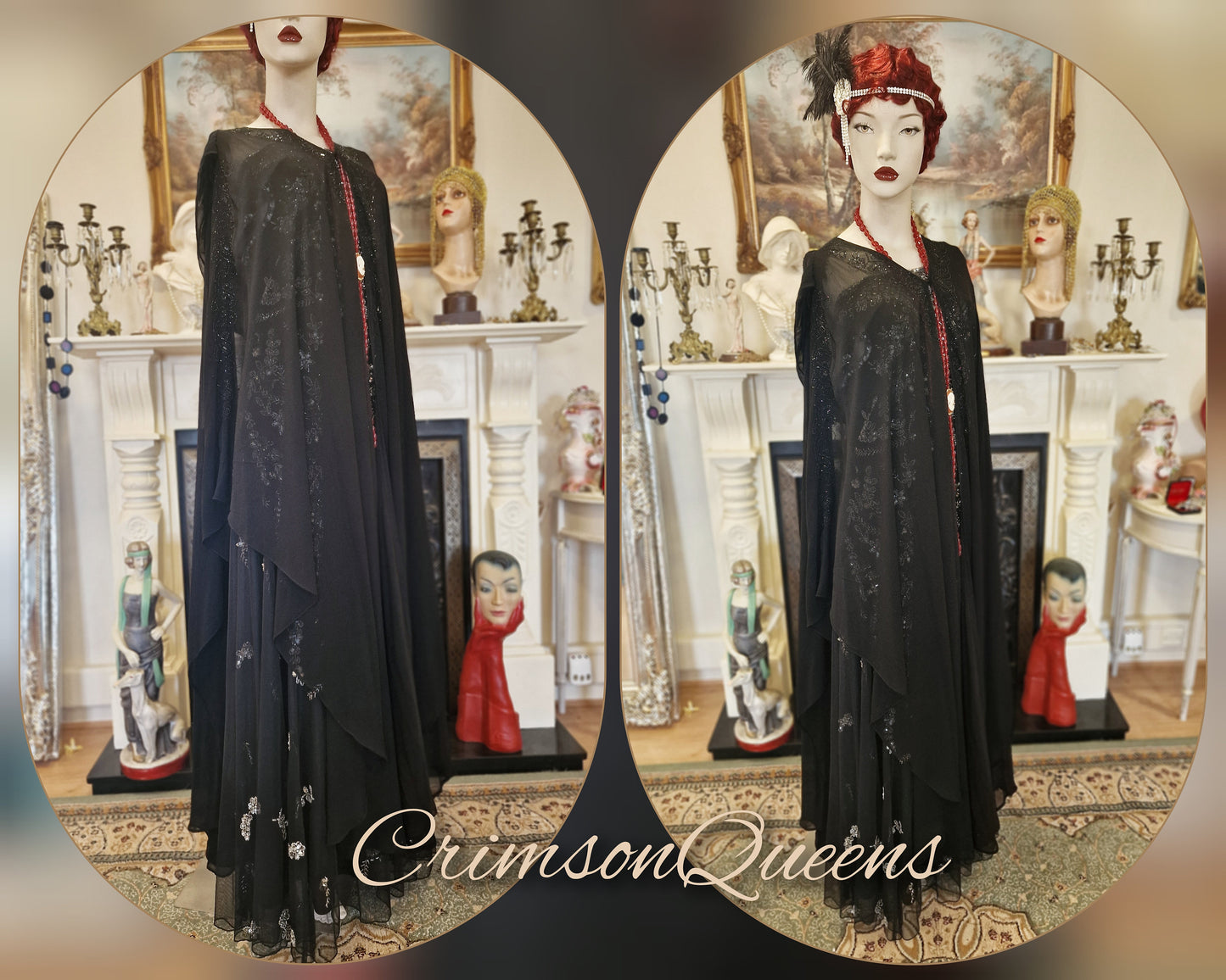 Vintage sheer black Art Deco Maxi 1920s flapper long jacket duster coat black beaded embellishments size UK 18 20 22 24 US 14 16 18 20