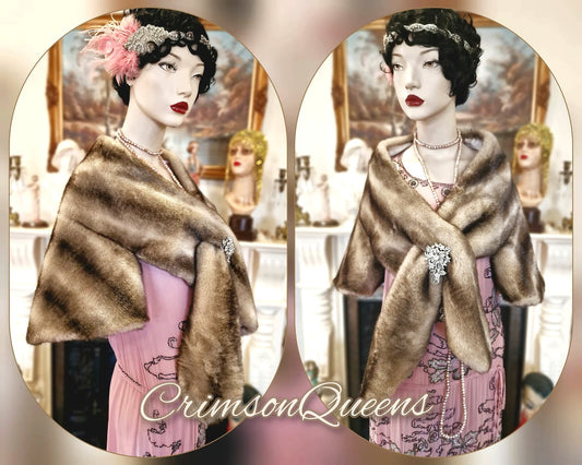 vintage flapper 1920s Downton Abbey vintage gold  brown dark cocktail evening faux fur evening outwear