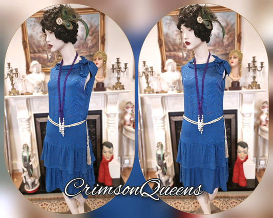 Vintage Midnight Blue Pastel Silk Romantic So Feminine original 1920s frilled dress Size UK 8 US 4