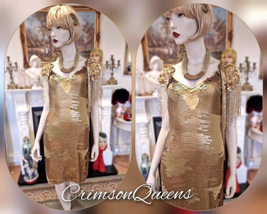 Vintage Flapper gold dress, Downton Abbey 1920s dress, Great Gatsby  sparkly  heavily sequinned shell flapper dress UK 6 US 2