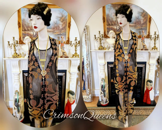 Vintage orietal sheer black Art Deco Maxi 1920s flapper coat long jacket duster with gold embroidery size UK 10 US 6