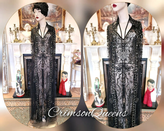 Vintage Downton Abbey Great Gatsby black beaded sheer mesh dress 1920s flapper ensemble with Art Deco lace duster size UK 10 12 US 6 8