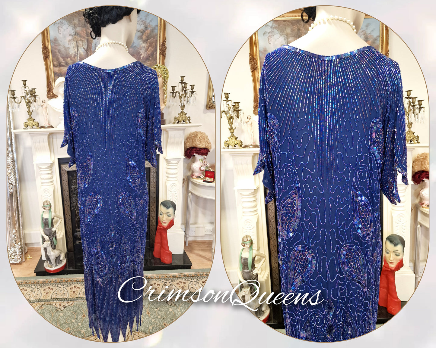 Art Deco dress Flapper dress Downton Abbey dress 1920s dress blue Great Gatsby dress heavily beaded vintage dress cize UK 14 16  US 10 12