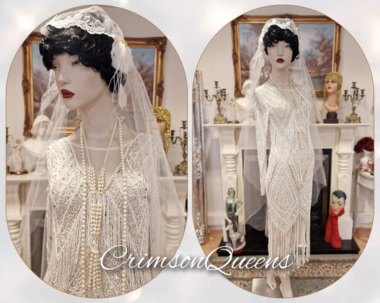 1920's Bride  White Wedding Bridal  Dress Fully Beaded Flapper Great Gatsby Charleston Jazz Era Prohibition Size UK 6 8  US 2 4