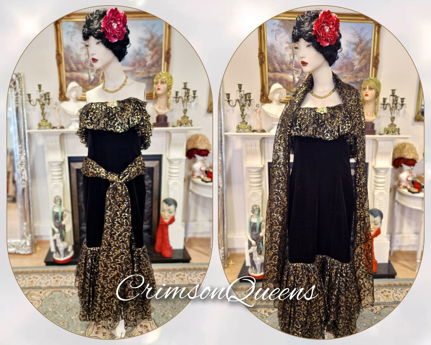 Extraordinary vintage golden brocade lace with black velvet Frank Usher flameno Spanish 1930s stage Hollywood goddess gown size UK 12 US 8