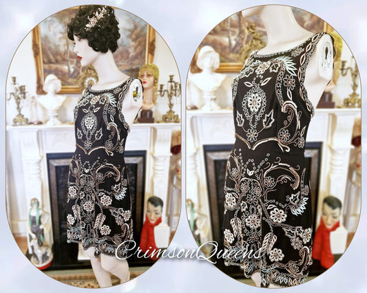 Vintage midnight blue oriental Downton Abbey 1920s flapper sequinned beaded embellished Great Gatsby silk dress size UK 10 US 6