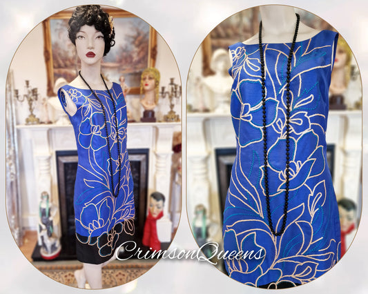 Vintage blue oriental Downton Abbey 1920s flapper sequinned beaded embellished Great Gatsby silk all 100% silk dress size UK 10 US 6