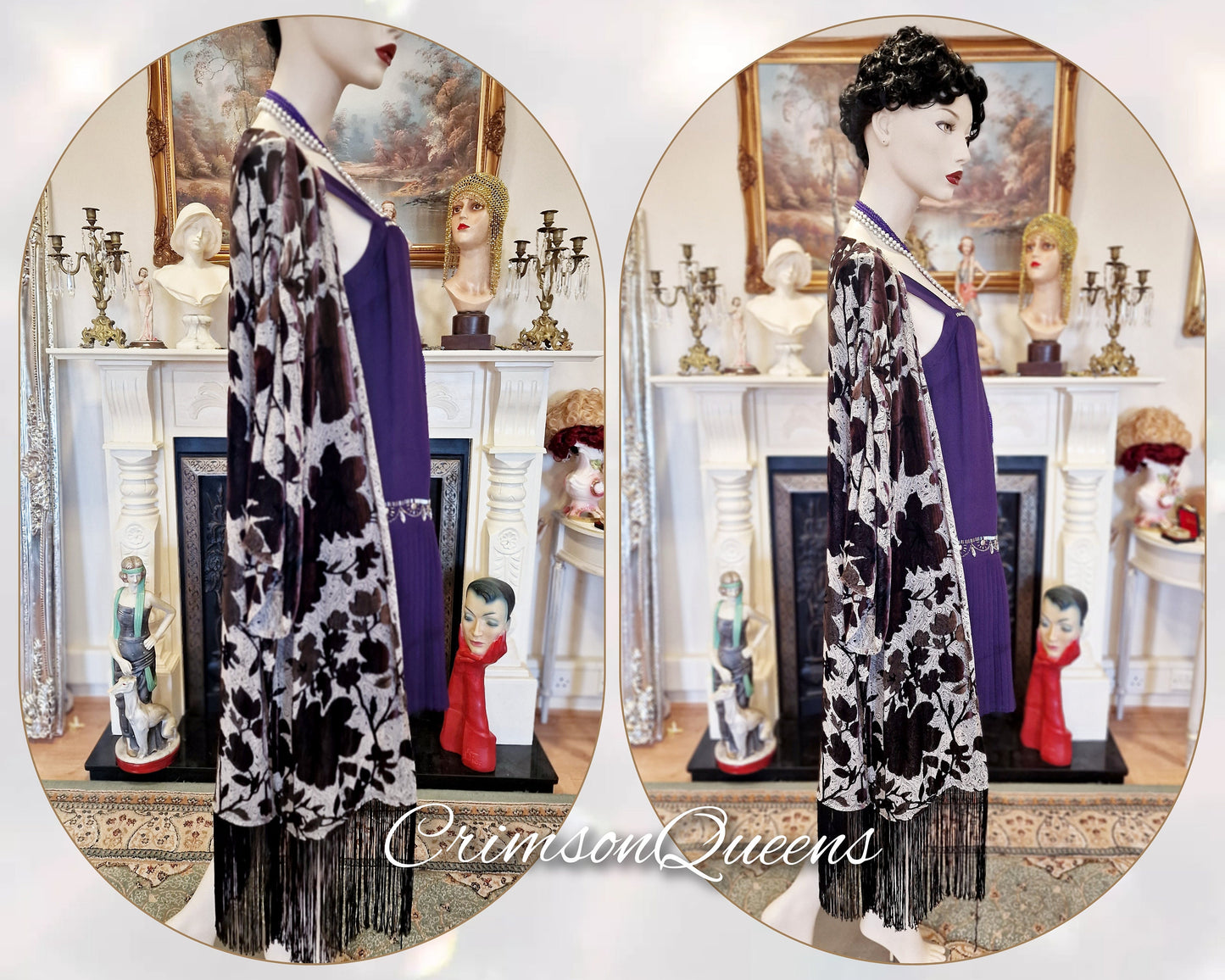 Vintage purple blue oriental Downton Abbey 1920s flapper sequinned beaded embellished Great Gatsby  100% silk dress size UK 14 US 10