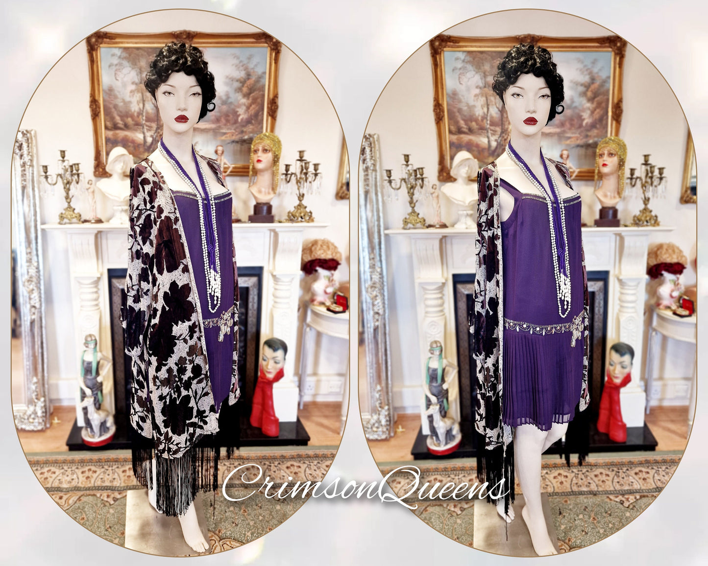 Vintage purple blue oriental Downton Abbey 1920s flapper sequinned beaded embellished Great Gatsby  100% silk dress size UK 14 US 10