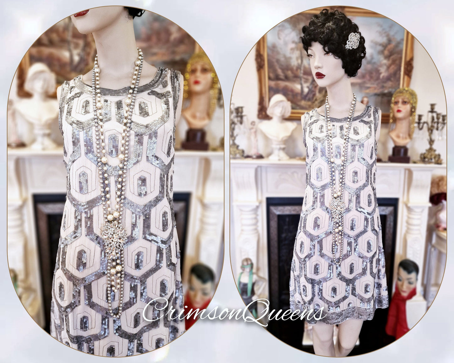 Flapper dress 1920s dress Great Gatsby dress Art Deco dress vintage silver silk dress heavily sequined dress size UK 14 US 10