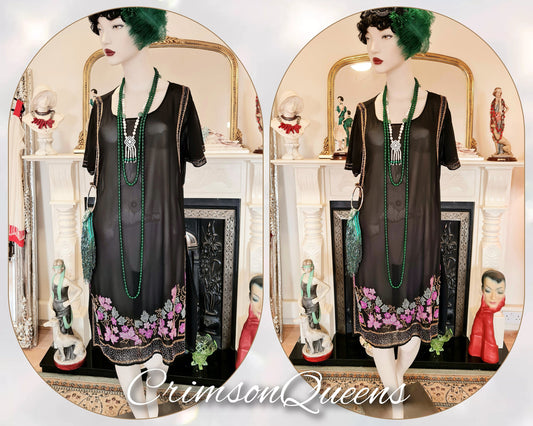 Vintage silk hand embroidered  black sheer 1920s Great Gatsby flapper style dress size Uk 8 10 US 4 6