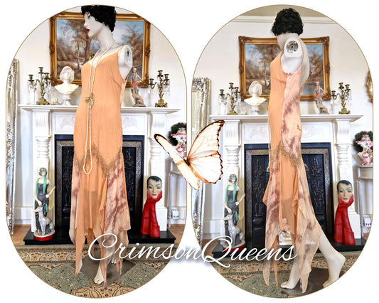 Magnificient vintage Downton Abbey flapper 1920s all silk gold peach embellished ethereal asymmetrical cocktail evening dress UK 10 US 6