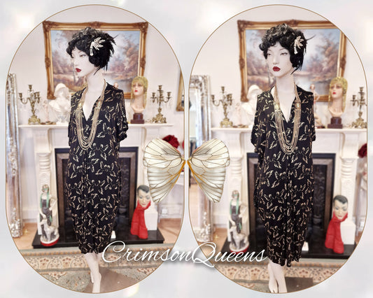 1920s flapper oriental black humming bord gold l vintage Biba tunic Art Deco dress Great Gatsby floral size UK 10 12  US 6 8