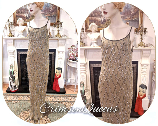 Spectacular vintage 1920s illusion flapper Downton Abbey Great Gatsby 1920s gold beaded embellished net dress gown Marilyn Monroe UK 12US 8