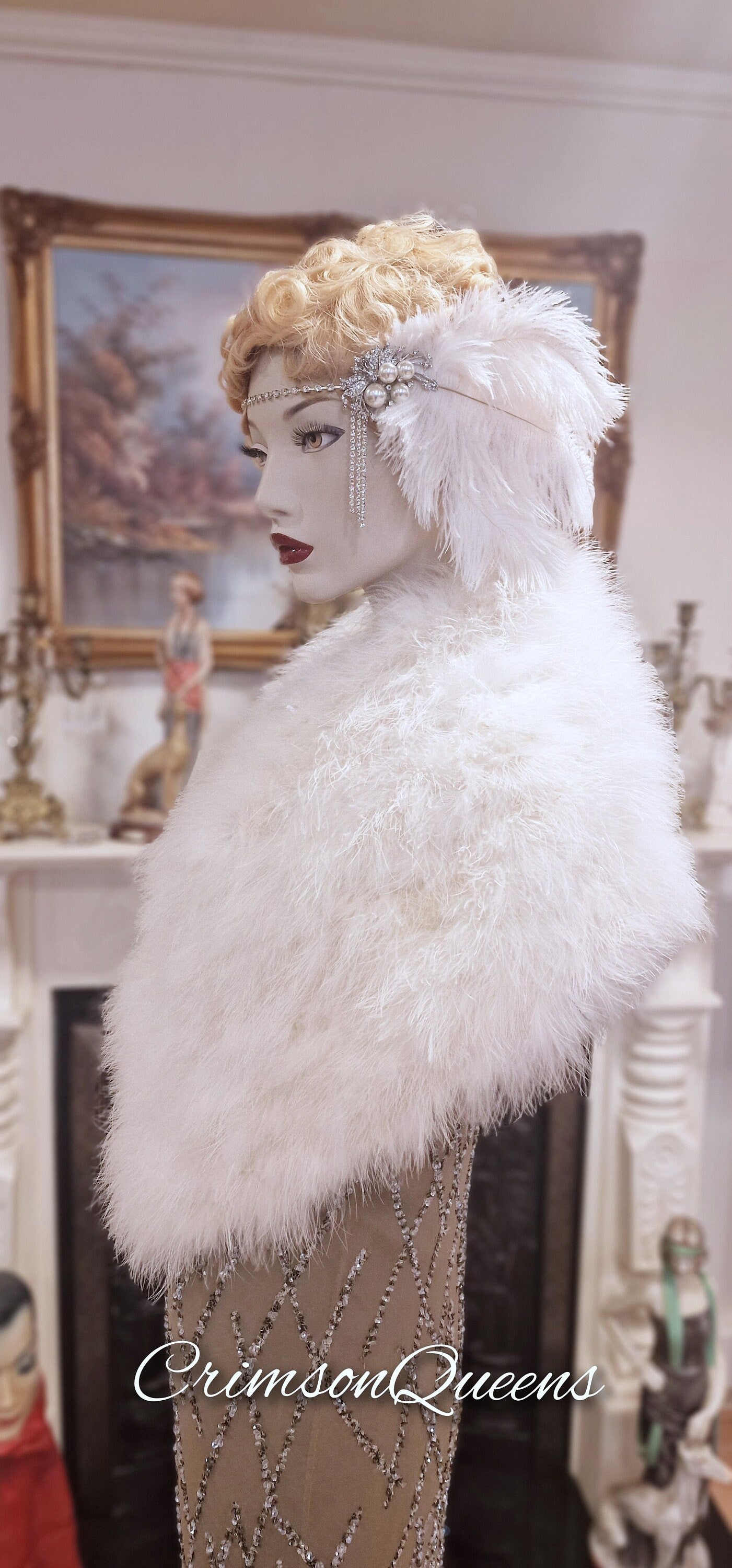Beautiful Art Deco 1920's wedding bridal  white real ostrich fur wrap