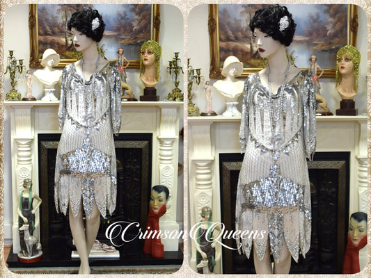 Great Gatsby 1920s Art Deco bride all silk sequinned with elbellished beads white dress size UK 14 US 10 large