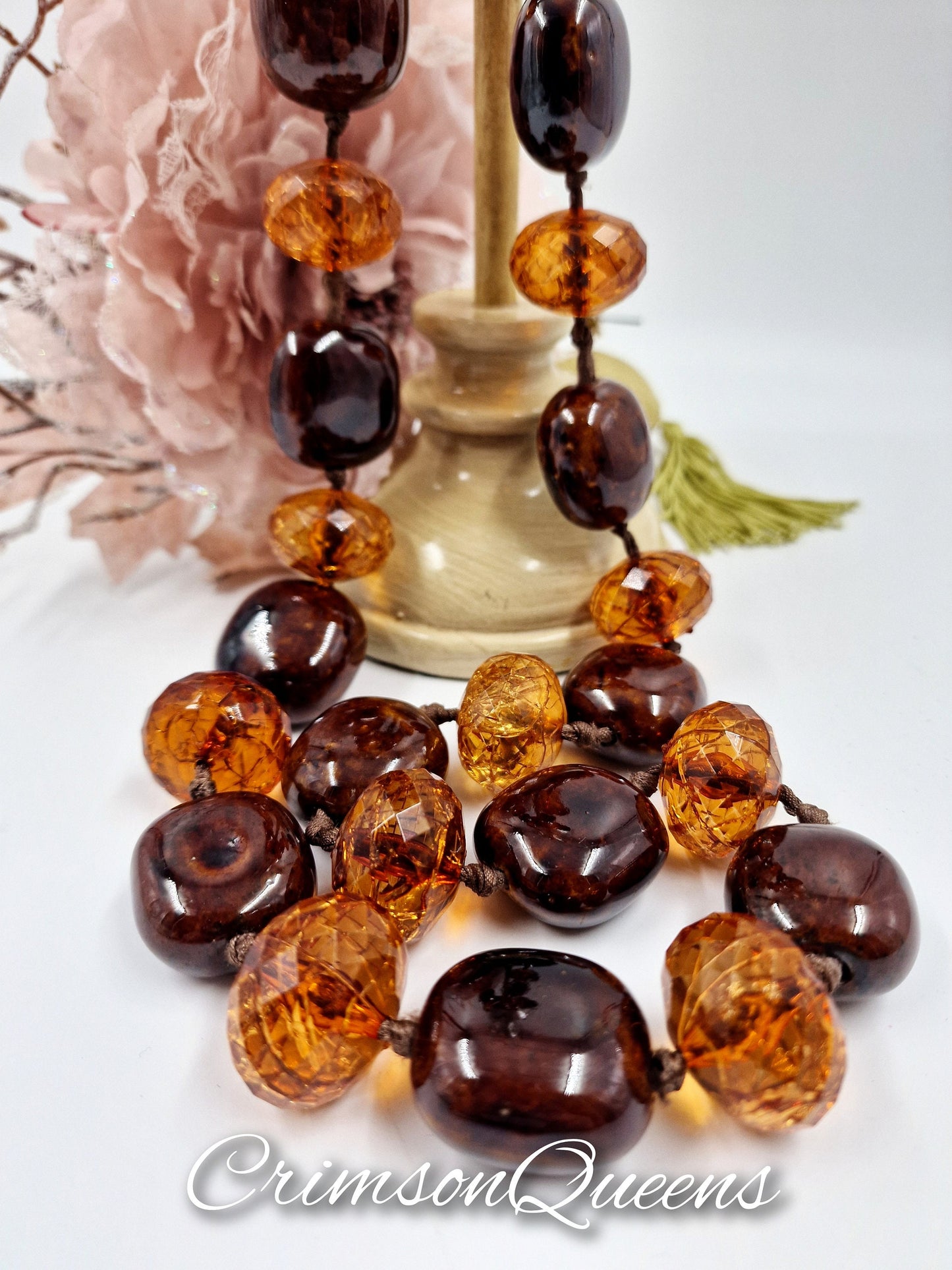 Amber beads and chesnut enamel gypsy flapper 1920s bohemian style necklace