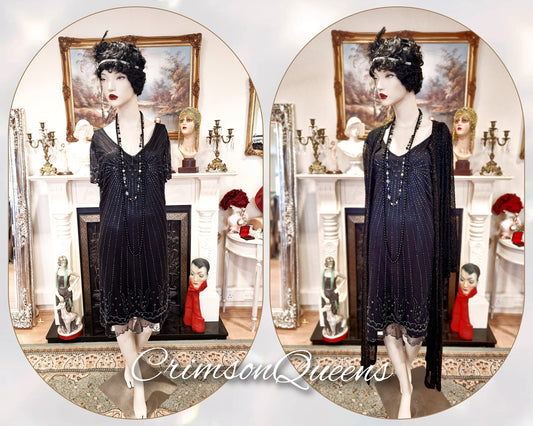 Vintage Downton Abbey Great Gatsby black beaded mesh dress 1920s flapper ensemble with Art Deco Hobb's beaded duster size UK 16 US 12