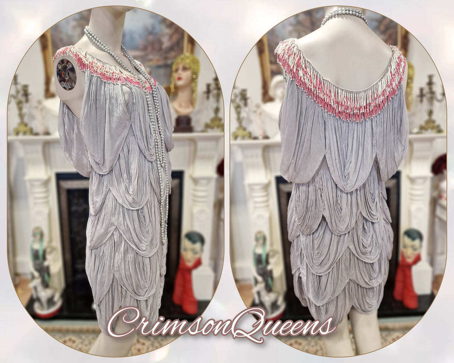 Vintage silver grey oyster ruffled frilled all silk flapper Great Gatsby 1920s flapper gypsy bohemian style dress size UK 8 US 4