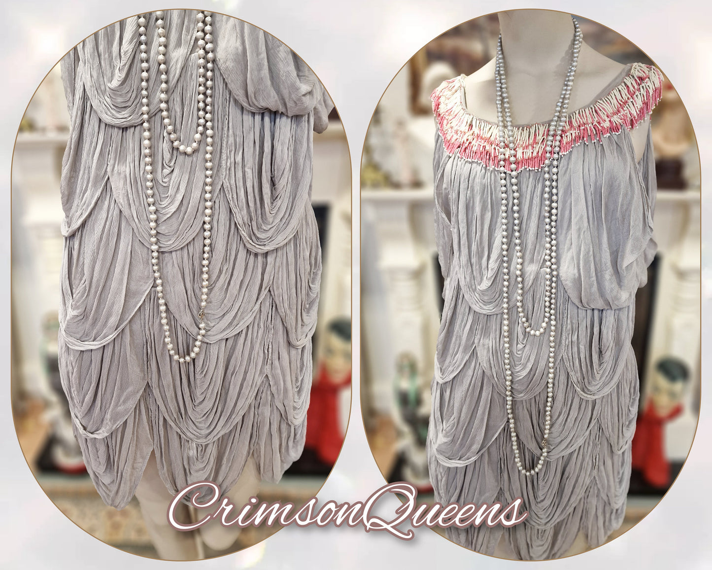 Vintage silver grey oyster ruffled frilled all silk flapper Great Gatsby 1920s flapper gypsy bohemian style dress size UK 8 US 4
