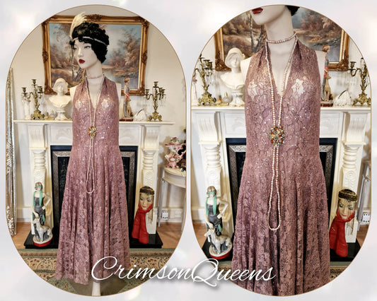 Art Deco vintage dusty pink romantic Downton Abbey pink lace 1920s floral cocktail Gown Size UK 12 14 US 8 10