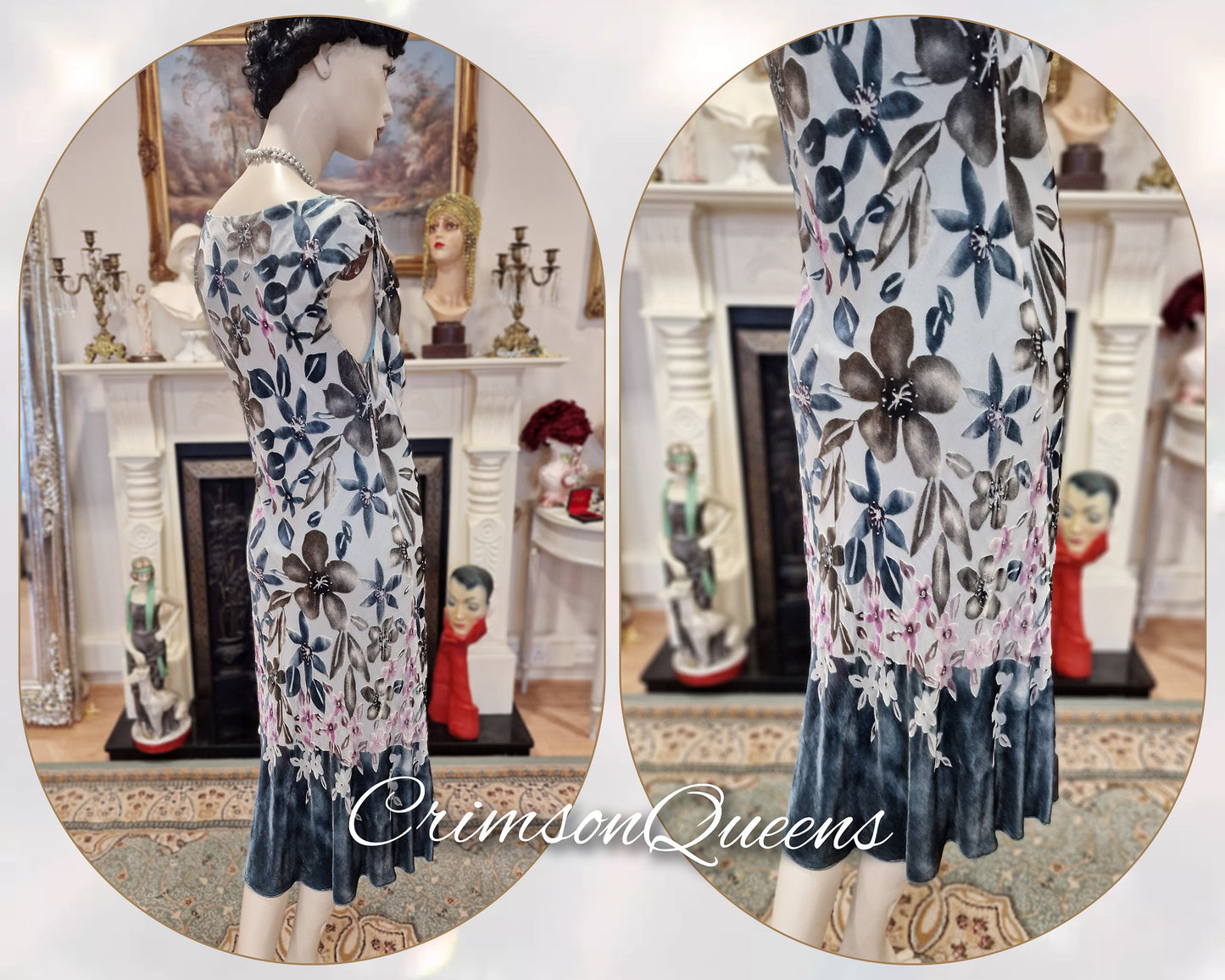 Vintage Great Gatsby Downton Abbey silk devore romantic floral cocktail garden guest wedding ensemble dress gown shawl UK 10 12 US 6 8