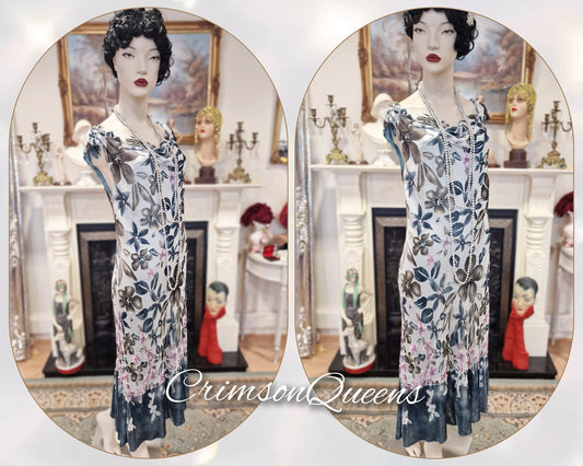 Vintage Great Gatsby Downton Abbey silk devore romantic floral cocktail garden guest wedding ensemble dress gown shawl UK 10 12 US 6 8